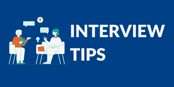 Interview Tips Card blue Illustration of two people in an interview with speech bubbles, next to bold text reading "INTERVIEW TIPS."