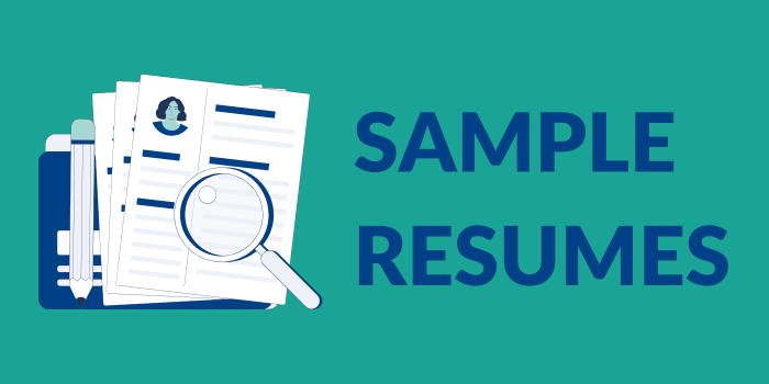 Sample Resume Card Illustration of resumes with a magnifying glass, next to bold text reading "SAMPLE RESUMES."