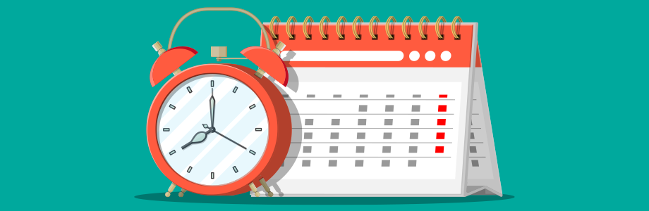 drawn image of an alarm clock and pop up desk calendar
