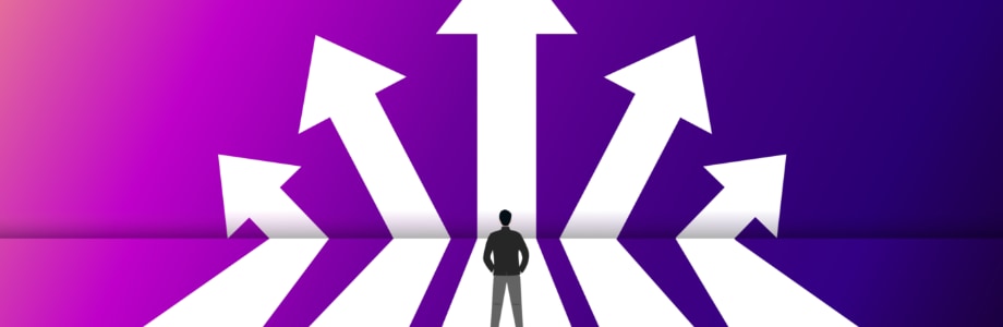 outline of a person standing on a path of five arrows with a purple gradient background