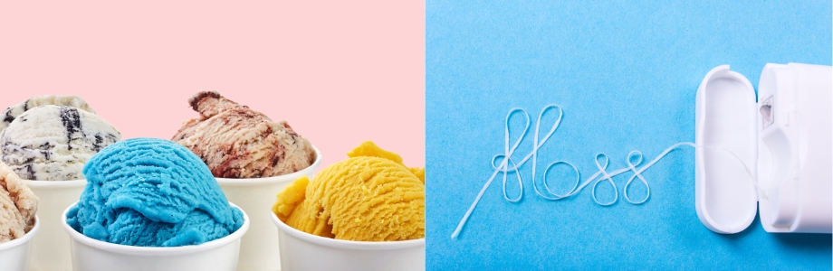 an image of several colorful scoops of ice cream on the left and a pack of floss on the right