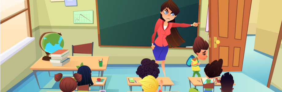 suspension-expulsion-discipline cartoon of student being sent out of the classroom