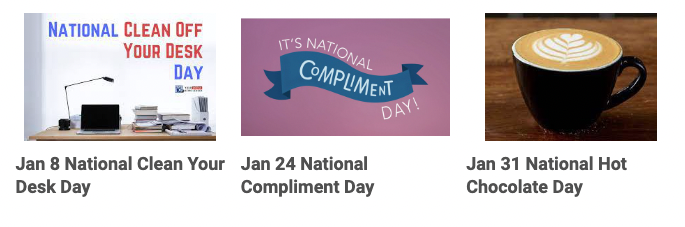 3 images: messy desk, National Compliment Day banner, cup of coffee/latte with foam design