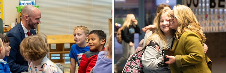 On the left, a man in a suit sits with elementary kids. On the right, a woman hugs a a female elementary student.