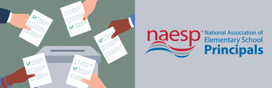 cartoon image of hands putting ballots in a box with the naesp logo next to it