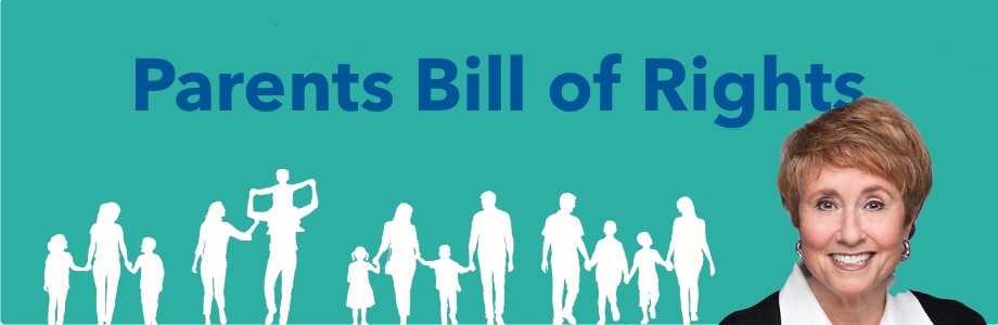text saying parents bill of rights with outline figures of families and a photo of senator Lisa wellman