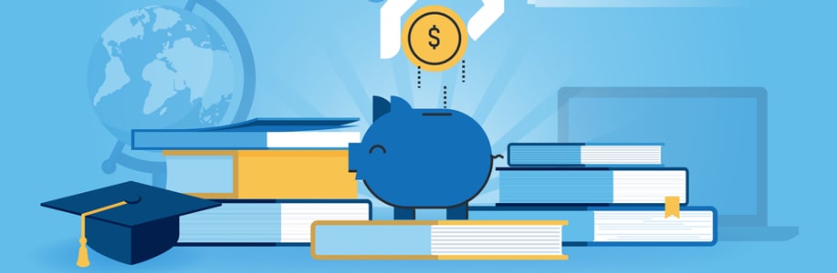illustrations of a book, graduation hat, and a coin being dropped into a piggy bank